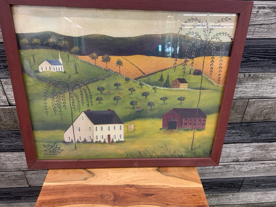 "ORCHARD HILL" RED FRAMED LANDSCAPE.