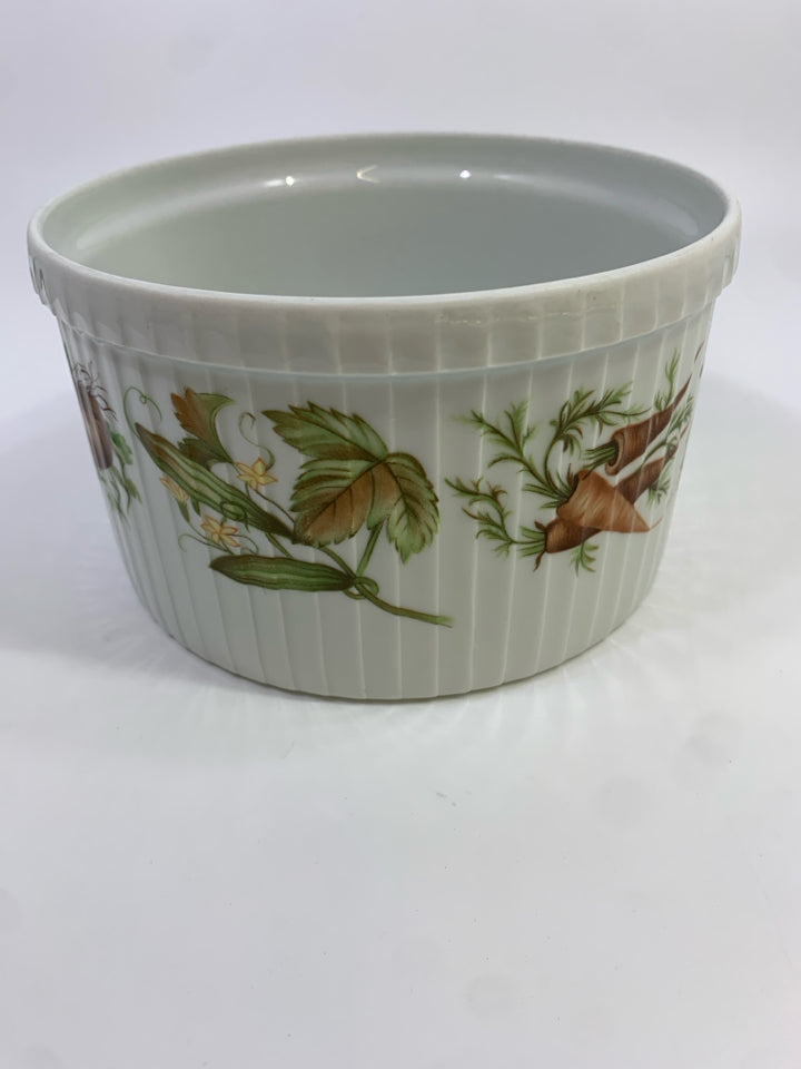 VTG PORCELAIN SOUFFLE DISH W/VEGETABLE DESIGN.