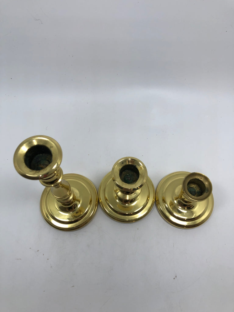 3PC BALDWIN POLISHED BRASS TAPER CANDLE HOLDERS.