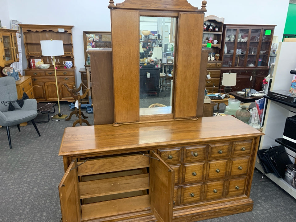 LARGE LONG DRESSER W 3 DRAWERS AND CABINET AND MIRROR.