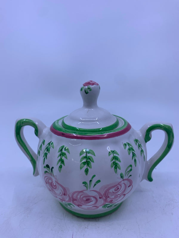 WHITE HAND PAINTED PINK FLORAL SUGAR BOWL W LID.