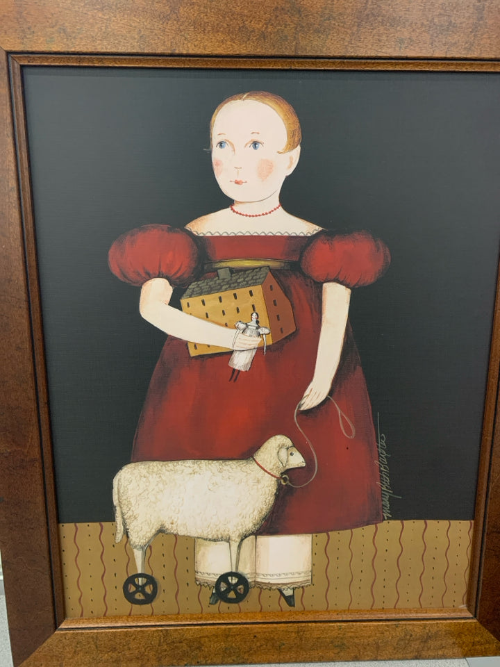 PRIMITIVE FOLK ART GIRL W/DOLL & SHEEP-MARY BETH BAXTER.
