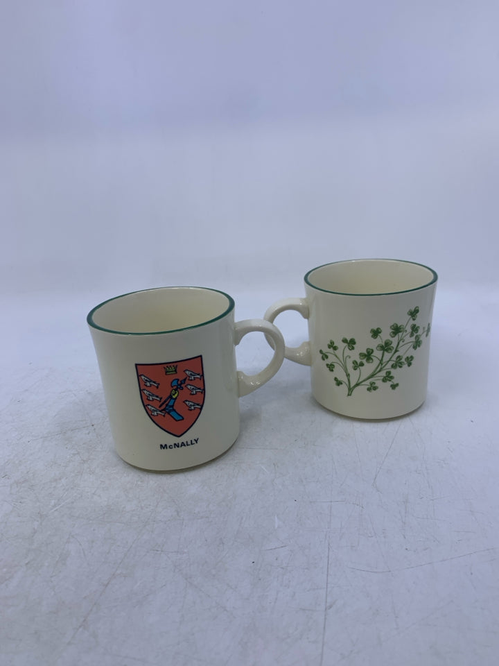 2 CREAM SHAMROCK/CREST MUGS.