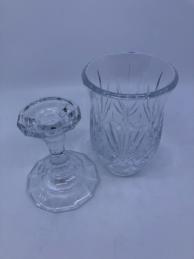 HEAVY CUT GLASS TAPER CANDLE HOLDERS.
