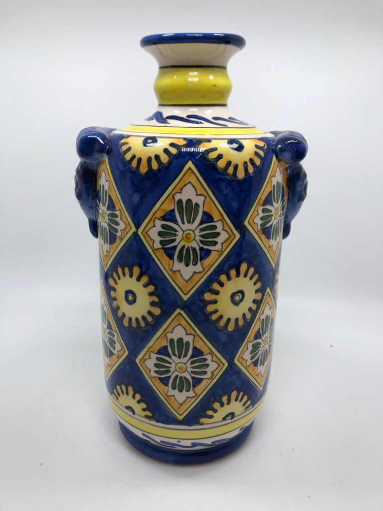 HAND PAINTED BLUE/ORANGE/GREEN/YELLOW VASE.