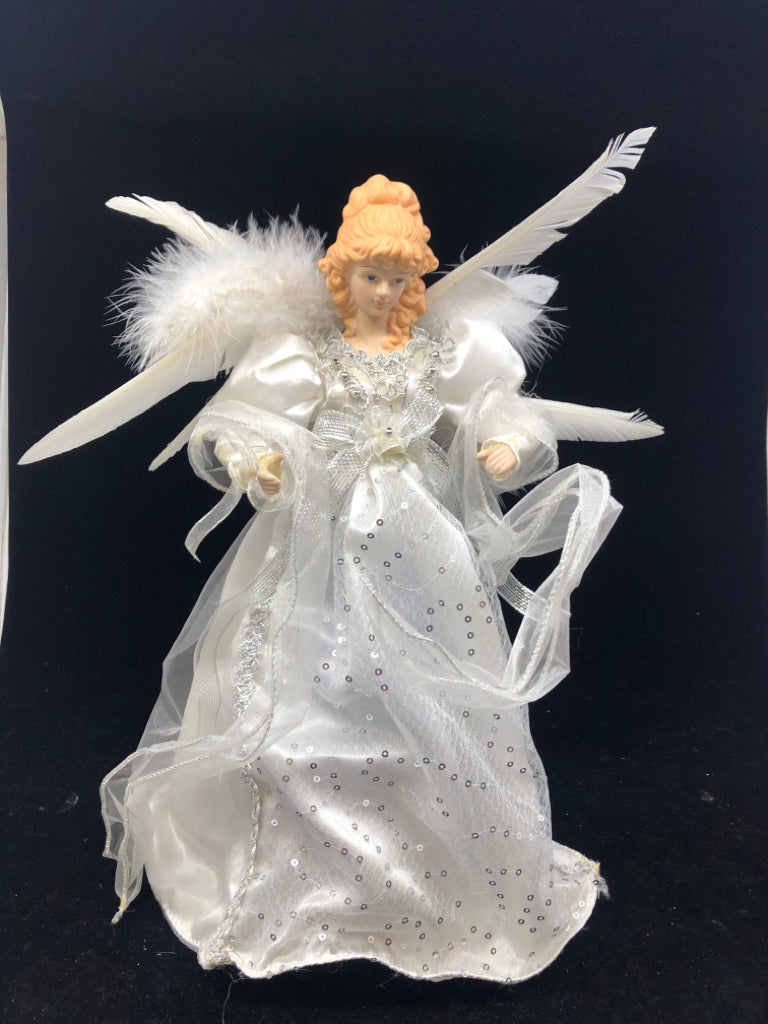 ANGEL TREE TOPPER IN WHITE/SILVER DRESS.