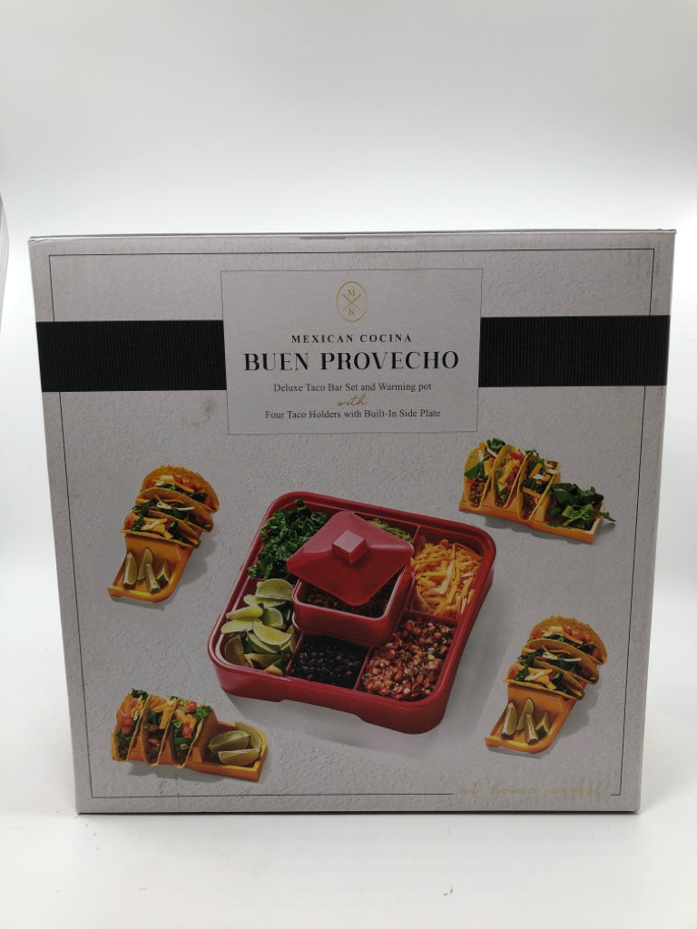 NIB BUEN PROVECHO DELUXE TACO BAR SET/WARMING POT.