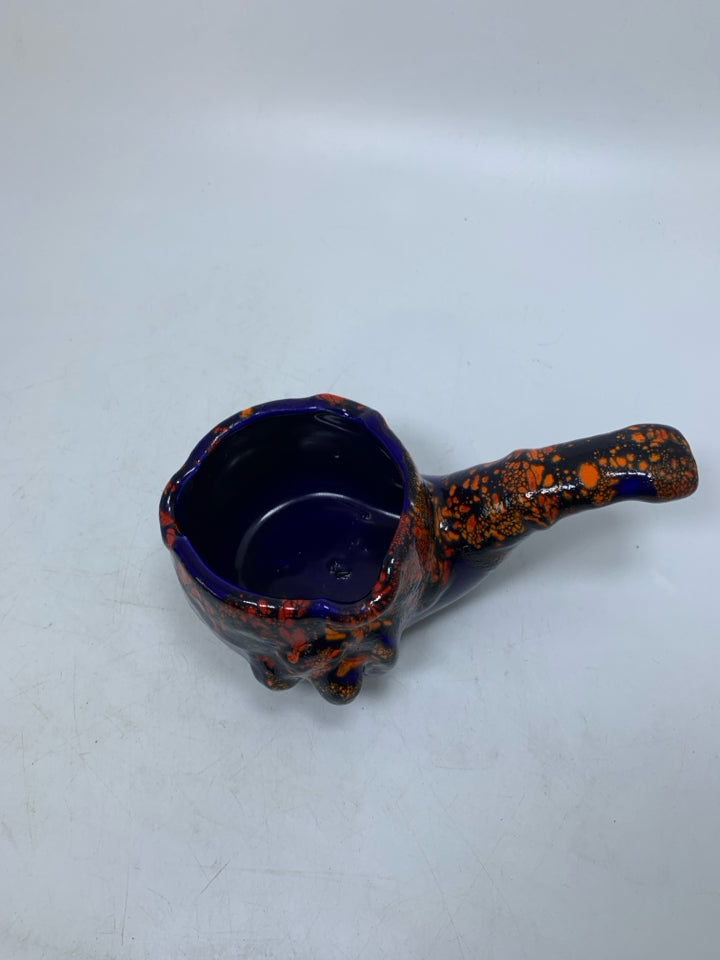 COBALT BLUE W/ ORANGE SPECKLED DETAILS W/ HANDLE LIQUID POURER.