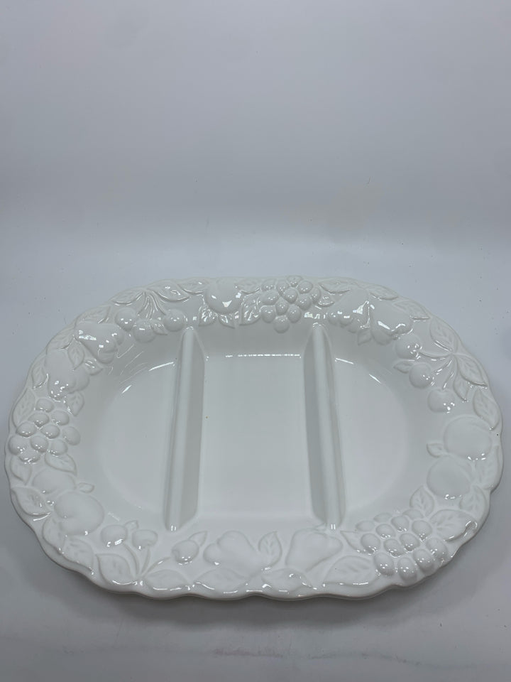 WHITE CERAMIC 3 SECTION SERVING DISH W/RAISED GRAPE VINE PATTERN.