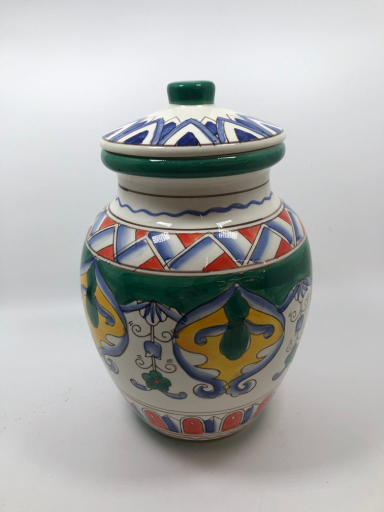 MULTI-COLORED BLUE/ YELLOW ROUNDED JAR.