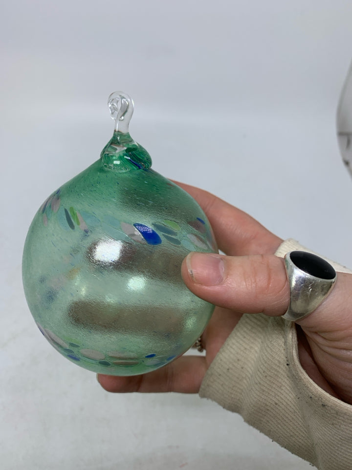 LIGHT GREEN BLOWN GLASS BLUE SPECKLED ORNAMENT *SIGNED.