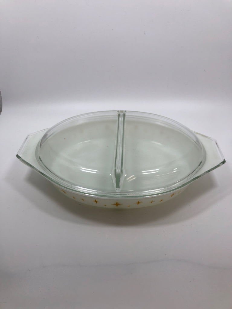 VTG DIVIDED CASSEROLE DISH PYREX CONSTELLATION ATOMIC STARBURST W/LID.