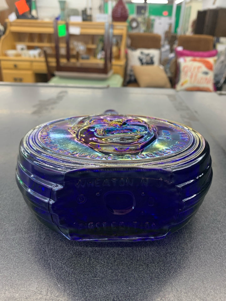 VTG COBALT BLUE GLASS PRESIDENTIAL EMPTY BOTTLE- ROOSEVELT.