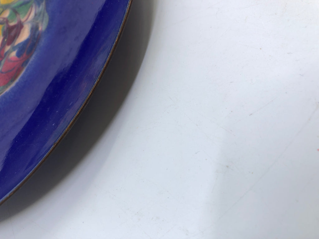 COBALT BLUE METAL CATCHALL DISH W/ COLORFUL CENTER.