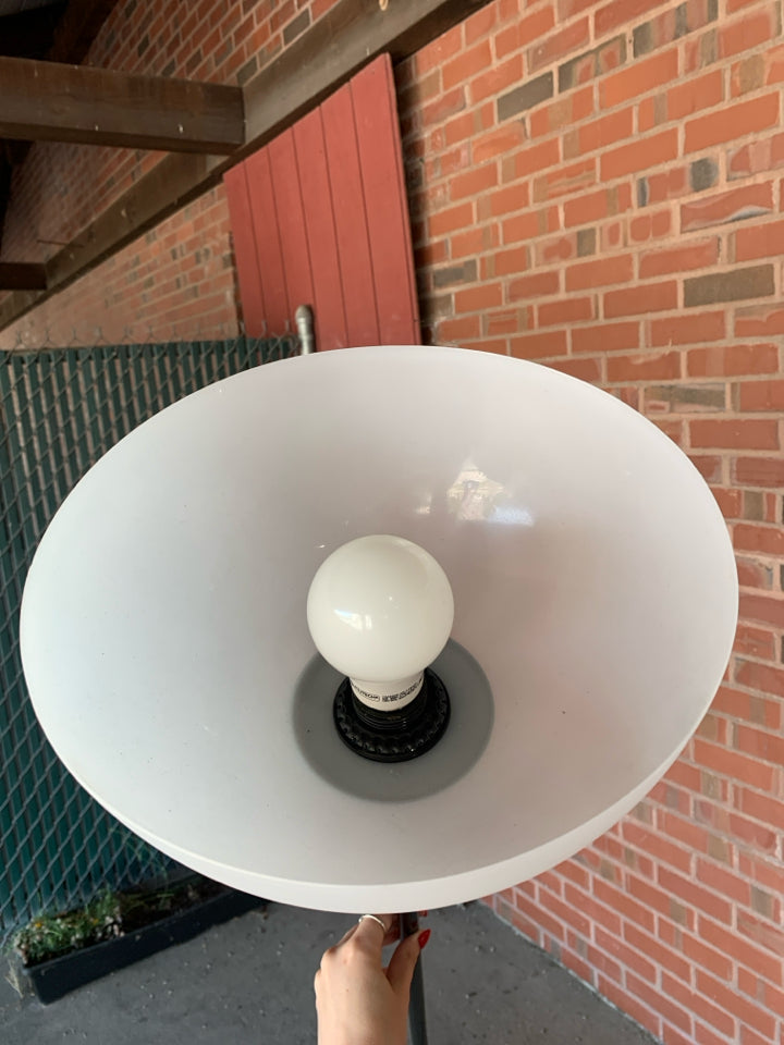 TALL BLACK LAMP W/FROSTED SHADE.