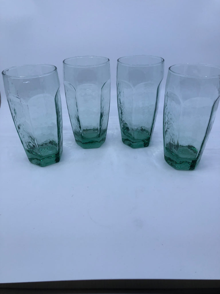 4 TALL GREEN TINTED DRINKING GLASSES.