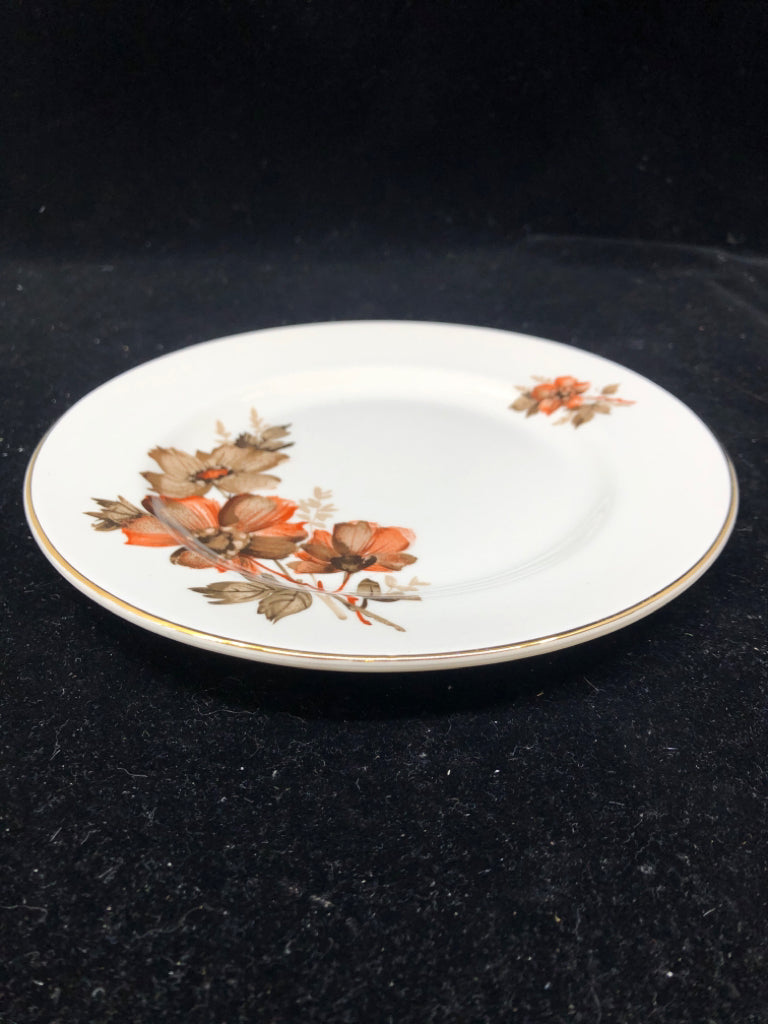 6pc BROWN AND RED FLORAL DESSERT PLATES.