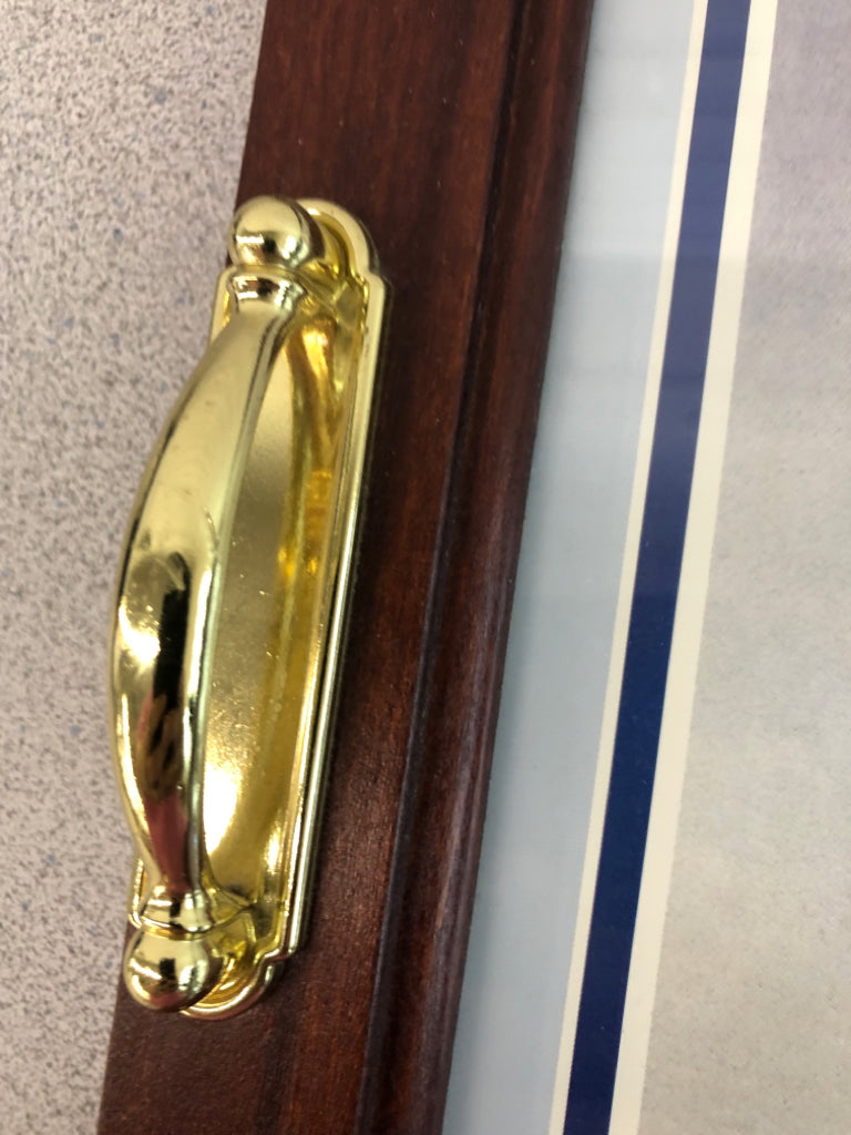 SAILBOAT PRINT IN WOOD SERVING TRAY W/GOLD HANDLES.
