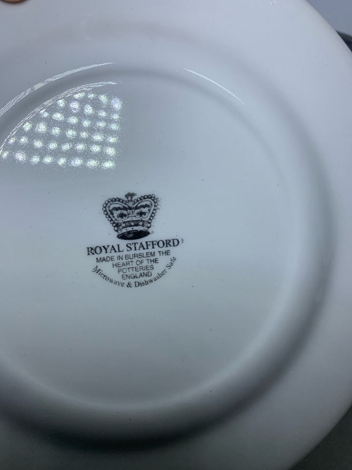 4 ROYAL STAFFORD LUNCH PLATES W/ DECORATED FRONT OF A HOUSE.