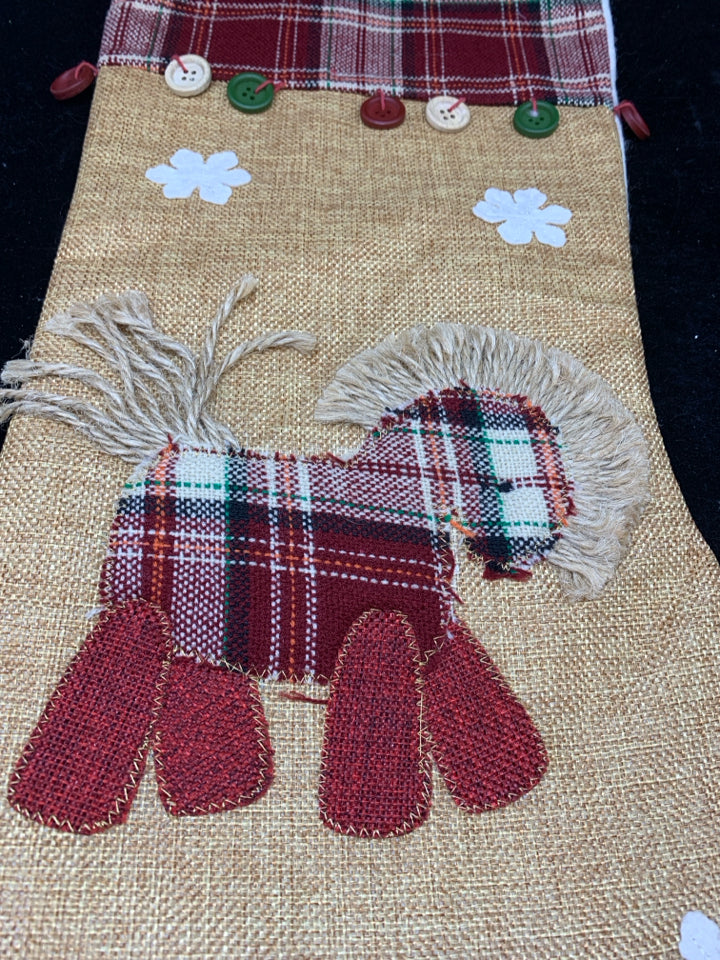 PLAID STITCHED HORSE ON TAN STOCKING W/ BUTTONS.