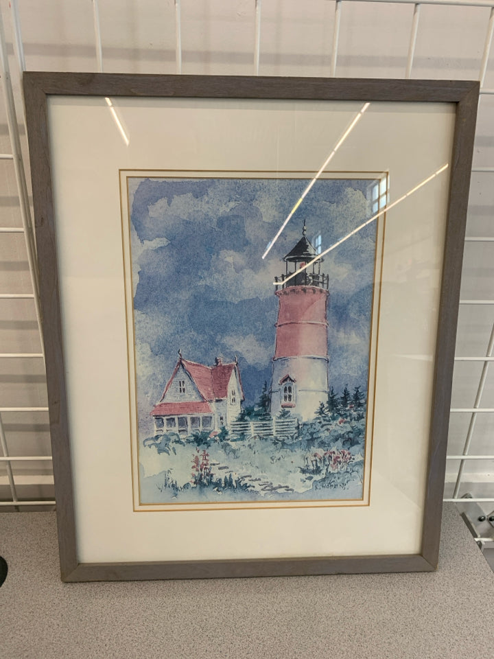 LIGHTHOUSE WATERCOLOR IN GREY FRAME.