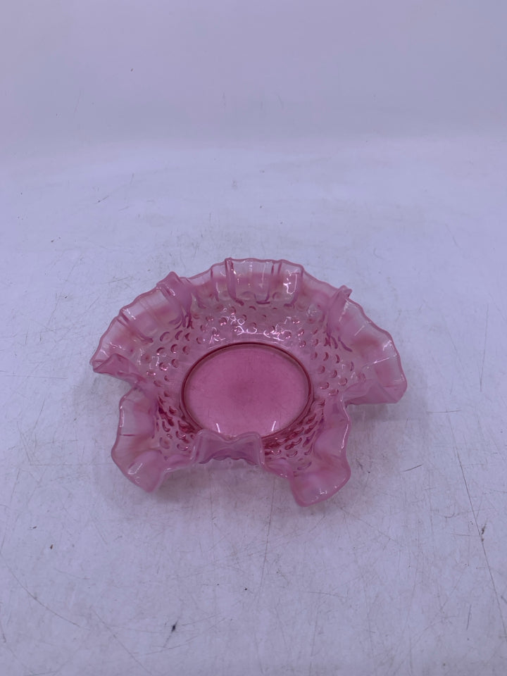 PINK HOBNAIL CANDLE PLATE W/ RUFFLED EDGE.