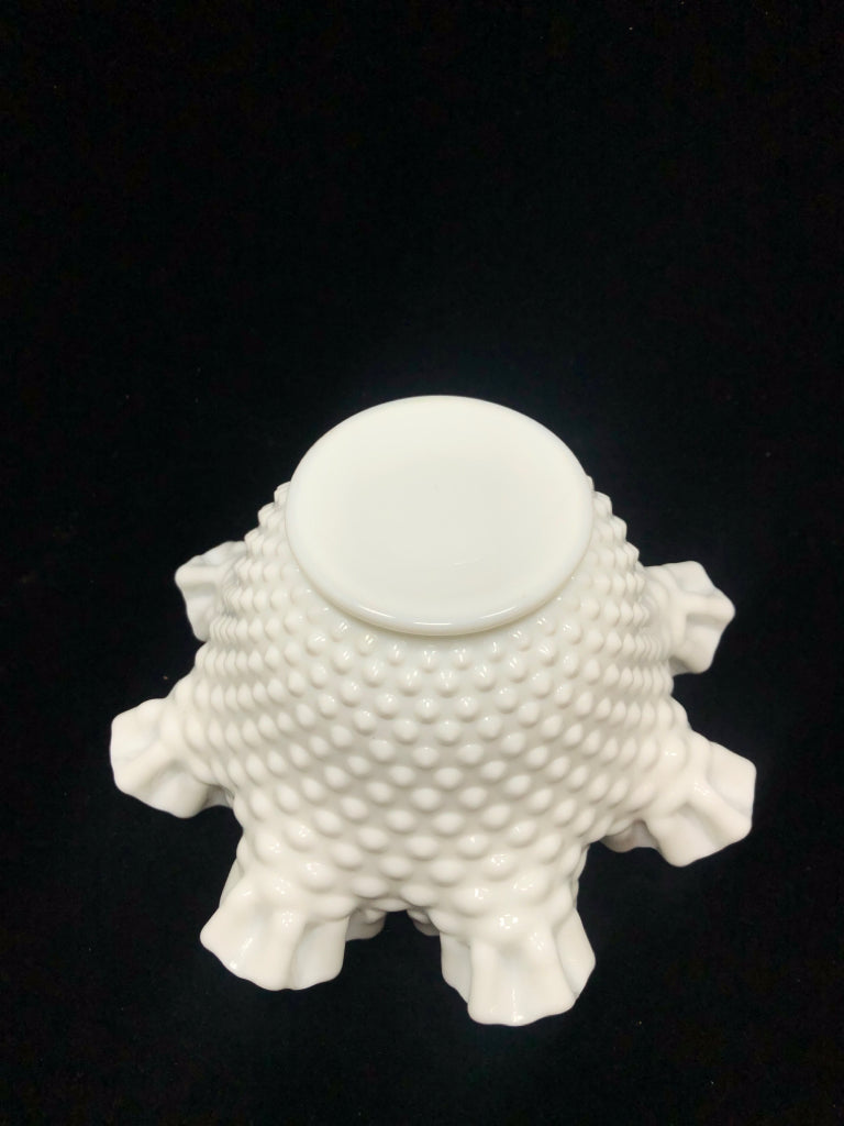 VTG HOBNAIL MILK GLASS RUFFLED EDGE CANDY BOWL.