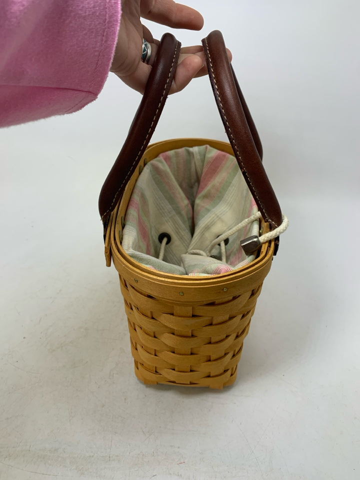 VTG LONGABERGER SMALL BOARDWALK BASKET TOTE W/ DRAWSTRING STRIPED LINER & PROTEC