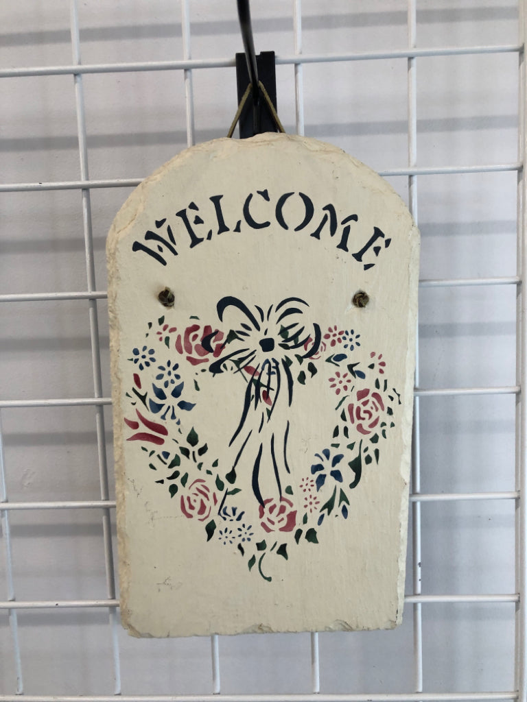 "WELCOME" PAINTED SLATE HEART SIGN.