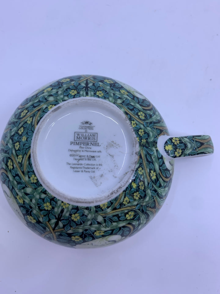 WILLIAM MORRIS TEA FOR ONE SET- WHITE/GREEN FLOWERS.