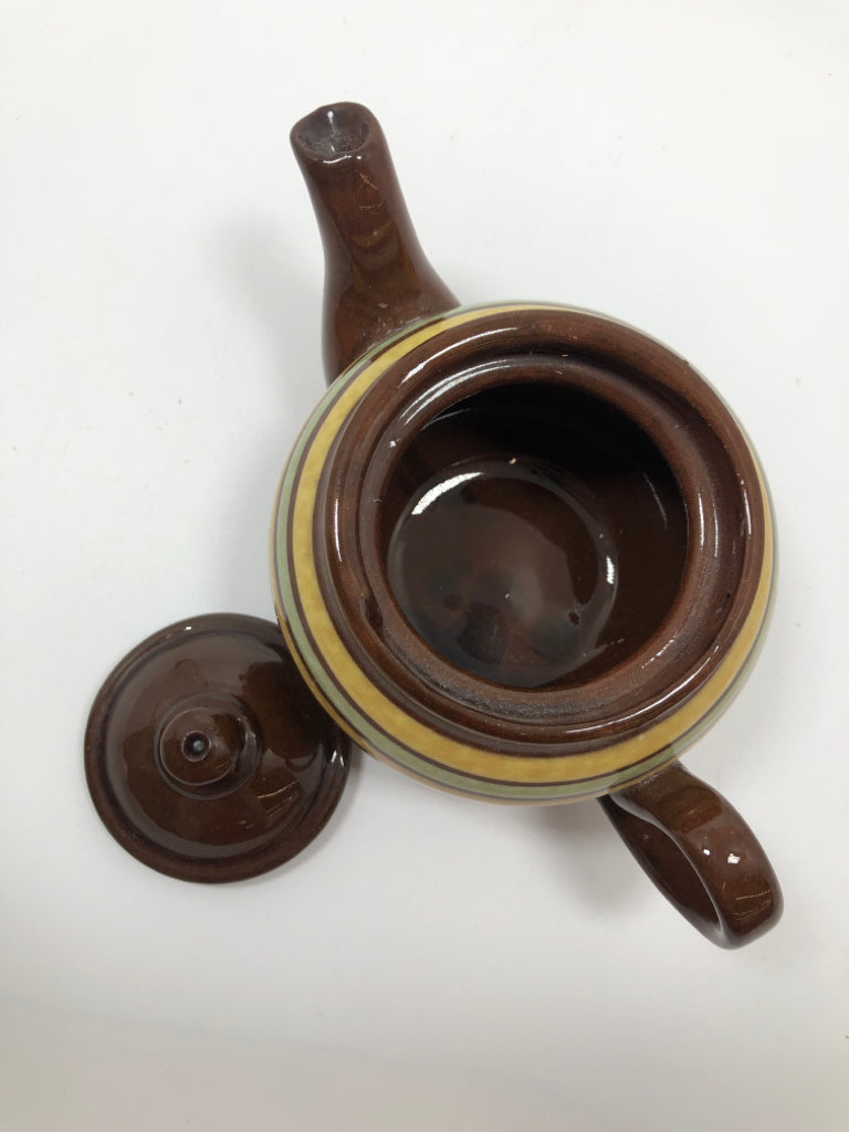 VTG BROWN TEAPOT W GREEN & YELLOW STRIPES.