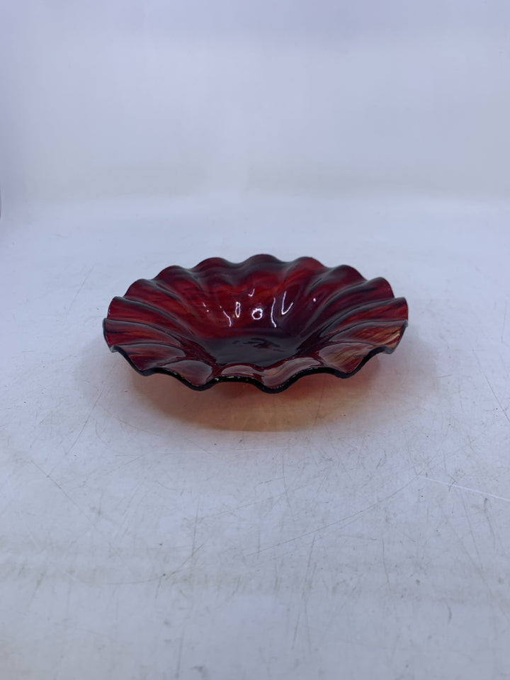 DARK RED GLASS SHALLOW CATCH ALL DISH W/ RUFFLED EDGE.
