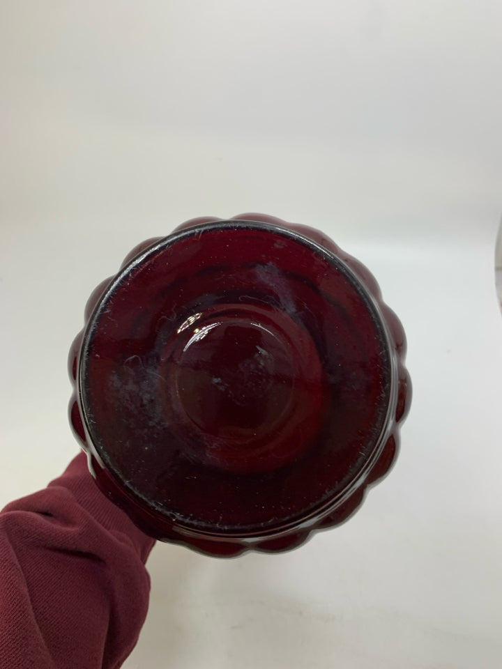 RUBY RED GLASS TEXTURED BOTTOM VASE FLARED TOP.