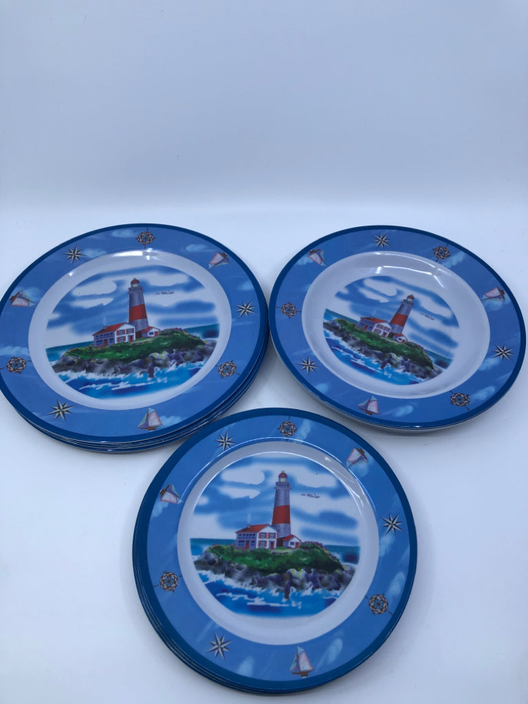 16PC BLUE MELAMINE LIGHTHOUSE SERV FOR 4 - 4 BOWLS, 4 LUNCH PLATES, 4 DINNER PLA