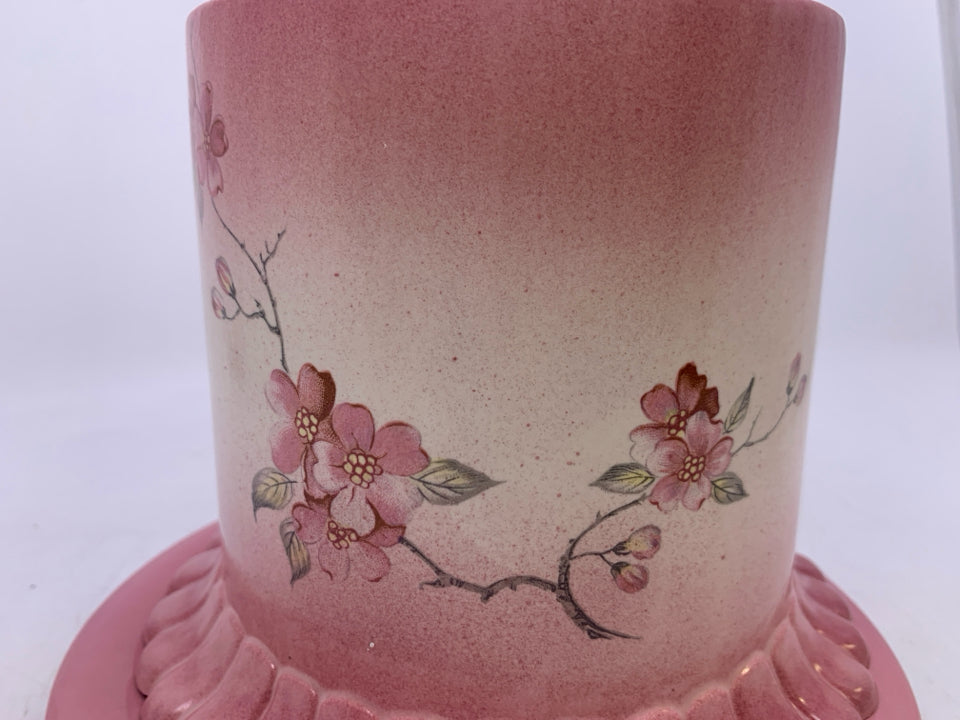 2 PC VTG PINK CERAMIC CAKE STAND/DOME W/ FLOWERS.