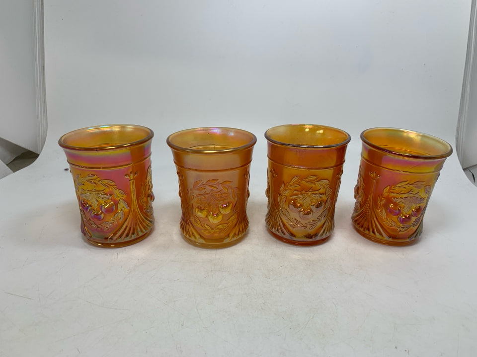 4 VTG CARNIVAL GLASS MARIGOLD EMBOSSED CHERRIES JUICE TUMBLERS.
