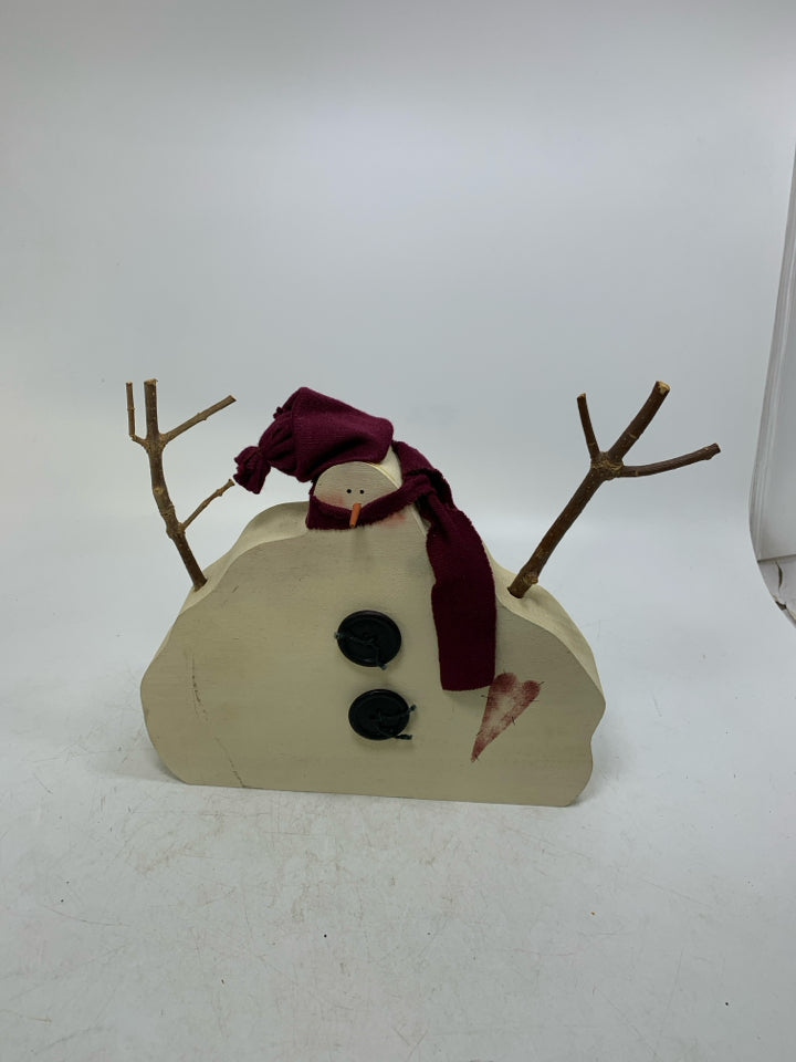 PRIMITIVE STYLE WOOD SNOWMAN W/ MAROON HAT/SCARF.
