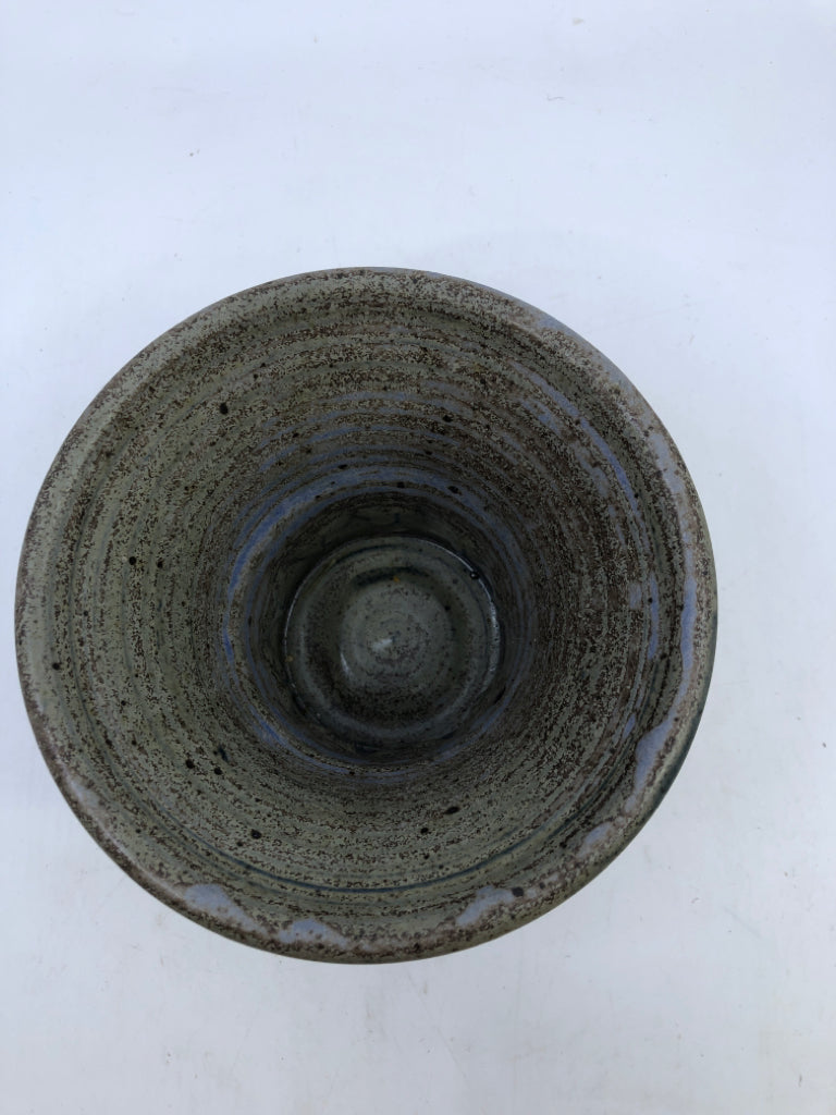 BLUE BROWN POTTERY VASE W HEART STAMP.