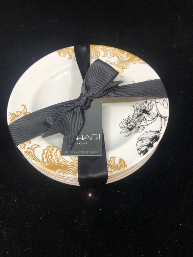 NIP 4 APPETIZER PLATES WHITE/BLACK GOLD SCROLL DESIGN.