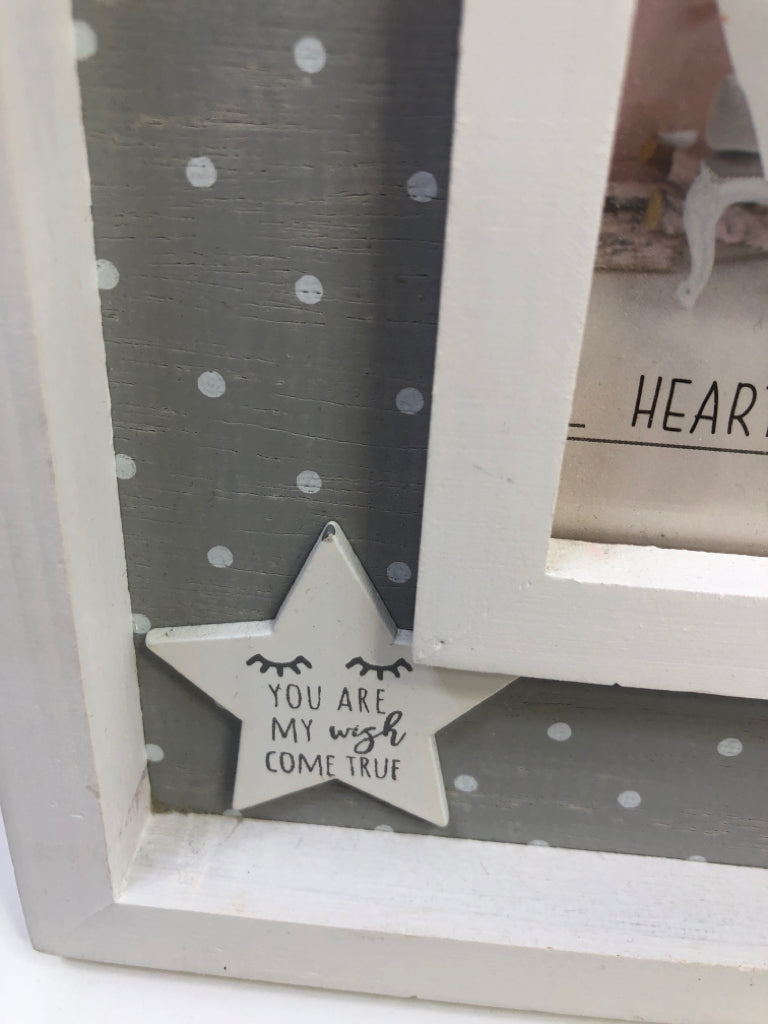 GRAY AND WHITE WOODEN PICTURE FRAME W/POLKA DOTS.