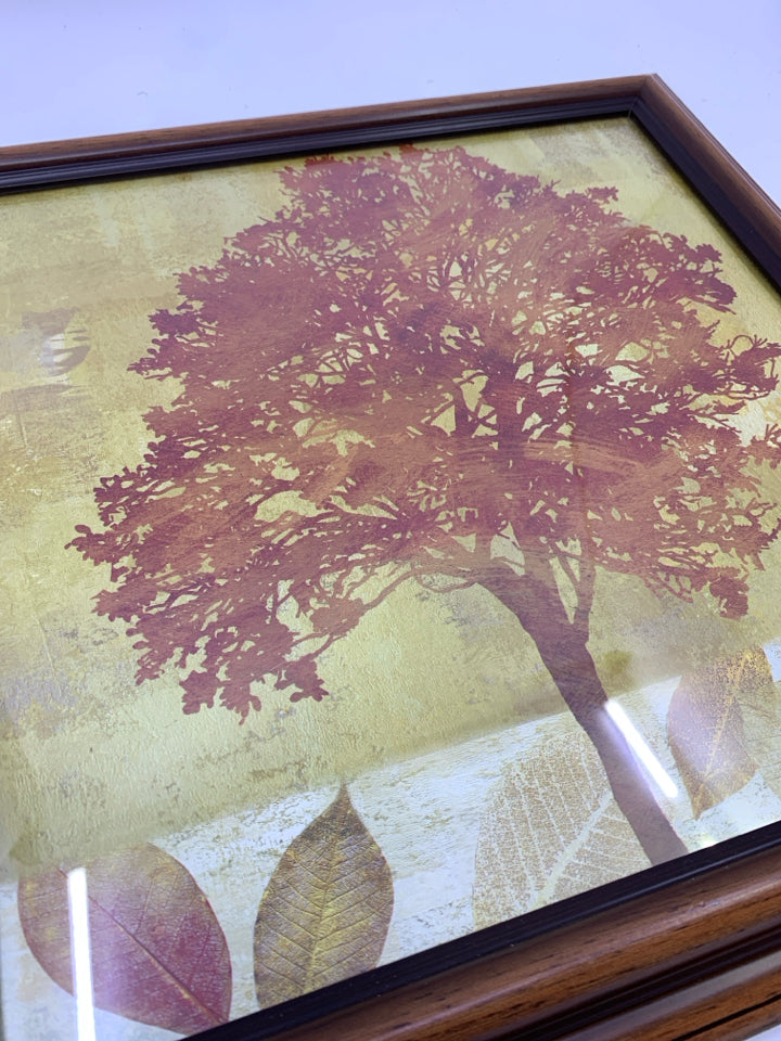 ORANGE LEAF W FAUX WOOD FRAME WALL ART.