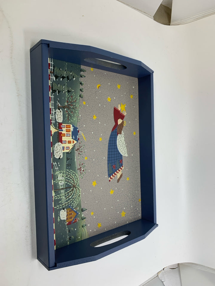 BLUE WOOD TRAY W/ FLYING ANGEL HOLDING STAR.
