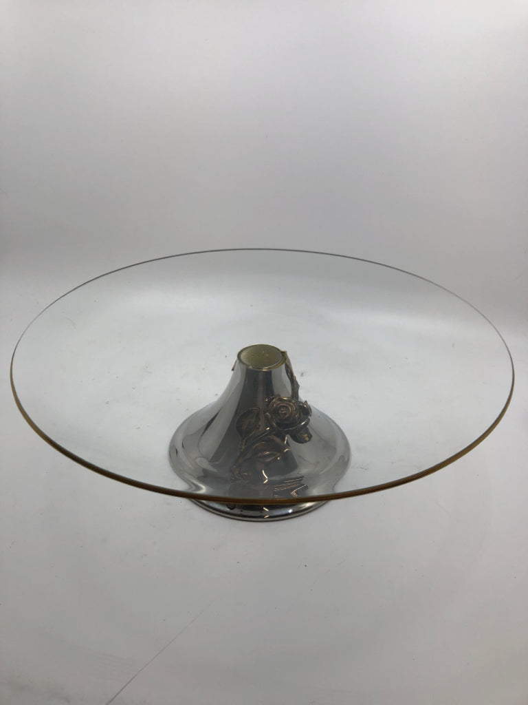 GLASS CAKE STAND W/SILVER ROSE PEDESTAL BASE.