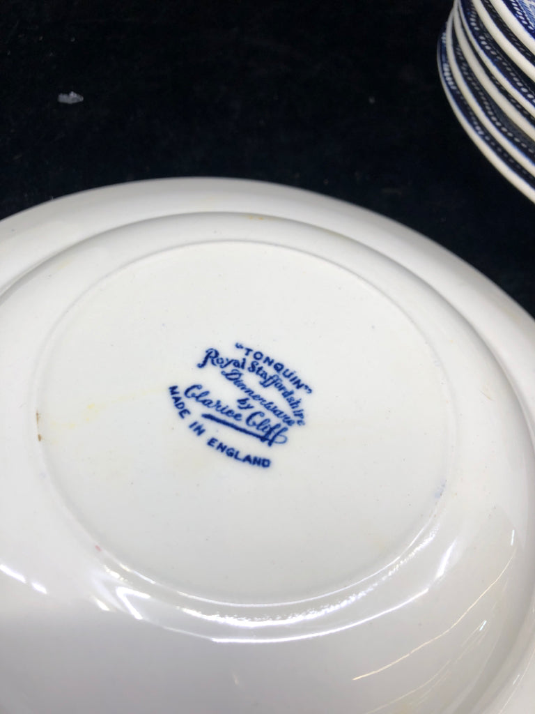 7 VTG BLUE/WHITE FLAT SOUP BOWLS.