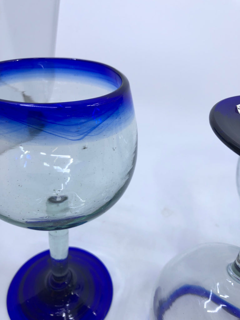 3PC BLUE BLOWN GLASS PITCHER + 2 GLASSES.