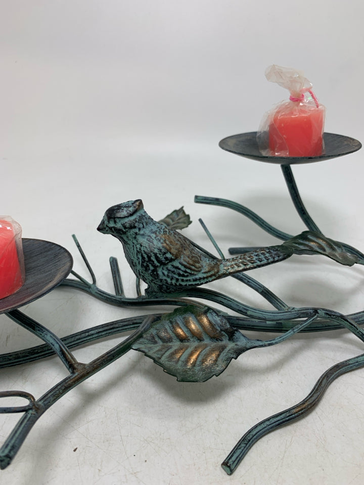 DISTRESSED BIRDS ON A BRANCH METAL 2 SLOT PILLAR CANDLE HOLDER.