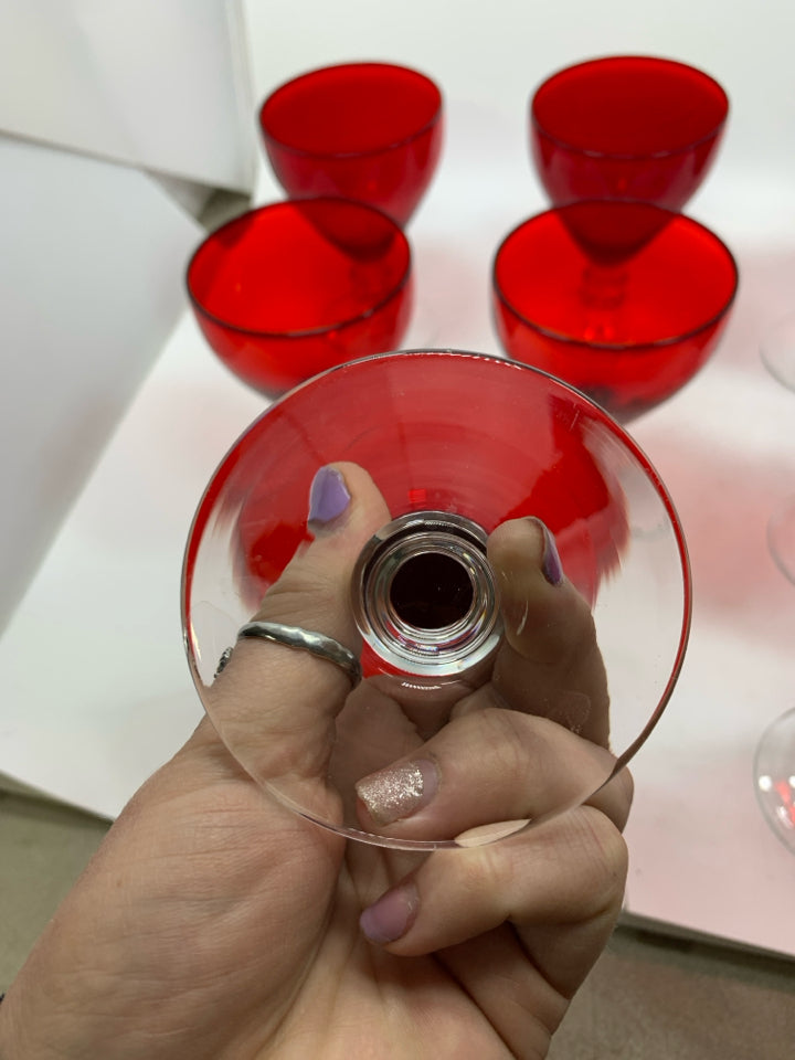10 CLEAR STEM W/ RED GLASS WINE GLASSES.