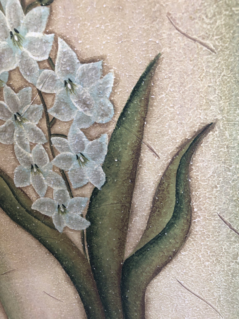 WHITE FLOWERS ON TEXTURED CANVAS.