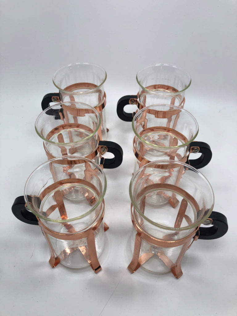 6 GLASS COFFEE CUPS W/COPPER FRAME BLACK HANDLE.