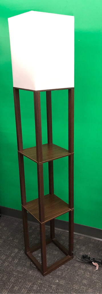 BROWN SHELF FLOOR LAMP W/WHITE SHADE.